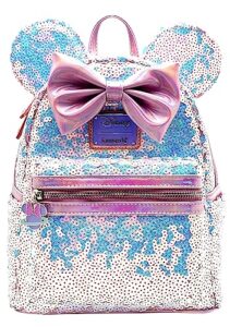 loungefly x lasr exclusive disney planet minnie uv reactive pink iridescent sequin mini backpack fashion cosplay disneybound cute backpack
