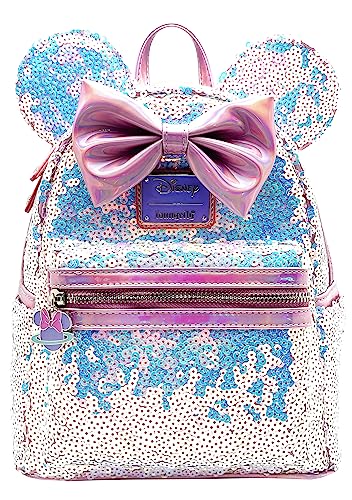 Loungefly X LASR Exclusive Disney Planet Minnie UV Reactive Pink Iridescent Sequin Mini Backpack Fashion Cosplay Disneybound Cute Backpack