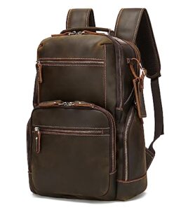 lannsyne vintage full grain genuine leather backpack for men, fits 16" laptop travel hiking bag camping rucksack brown