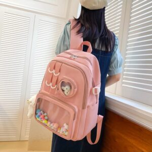 Kawaii Backpack with Cute Accessories Large Capacity Spring Summer Rucksack for Women Aesthetic Trendy Casual Daypack (Pink)