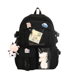 romlvy kawaii backpack with cute accessories aesthetic multi pockets large capacity outdoor backpack daypack laptop backpack (black)