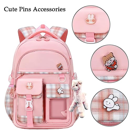 LIK EPOCH Pink Backpack Kawaii Backpack with Cute Pin Accessories Plush Pendant,16 Inch Aesthetic Personalized Breathable Backpack with Reflective Design