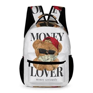 niapessel kids backpack for school, money lover slogan with bear pattern students bookbags school bags girls boys