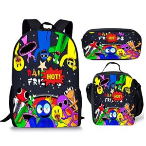 ksyzaif cartoon backpack 3 piece set anime rainbow laptop bags for unisex fashion daypack with lunch box pencil case casual travel 17in