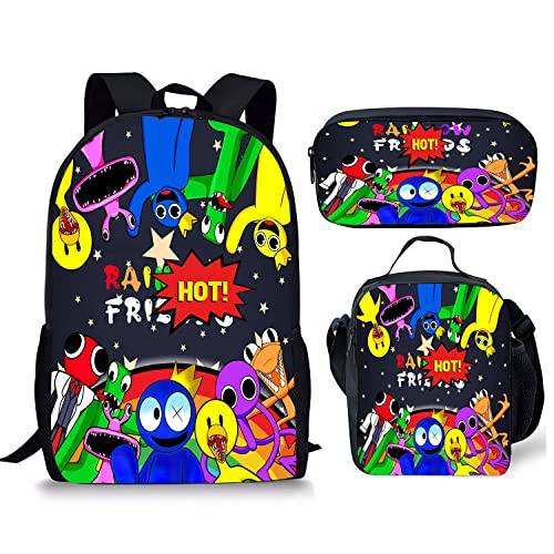 Ksyzaif Cartoon Backpack 3 Piece Set Anime Rainbow Laptop Bags for Unisex Fashion Daypack with Lunch Box Pencil Case Casual Travel 17In