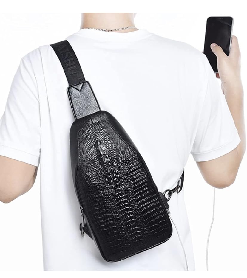 NEX GEN REMIX Crocodile Leather Sling Bag Crossbody Backpack for Men Women Unisex (Black)