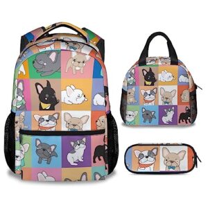 cuspcod french bulldog backpack with lunch box and pencil case for girls boys, 16 inch school bookbag with adjustable straps, travel bag durable, lightweight, large capacity