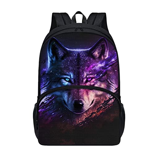 DMOYALA Galaxy Wolf Backpack for Boys Men with Laptop Compartment Back to School Supplies Purse Gifts for Wolf Lovers Tiny Casual Daypack Canvas Lightweight