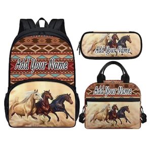 wellflyhom custom western horse school bag backpack for elementary boys with your name text bookbag with lunch box pencil case 3 in 1 schoolbag set for kids girl back to school book pack daycare bag