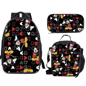 funny mic.key mouse 3pcs school backpack, 3pcs printed backpack sets for primary junior high university school bookbag 3 in 1 and lunchbox and pencil pouch