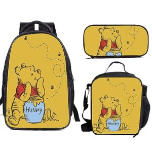 oqizkeu wi.nnie the p.ooh bear 3pcs school bags set boys girls student bookbag 16 inch teens laptop backpack with lunch bag pencil case