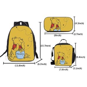 oqizkeu Wi.nnie the P.ooh Bear 3Pcs School Bags Set Boys Girls Student Bookbag 16 Inch Teens Laptop Backpack with Lunch Bag Pencil Case