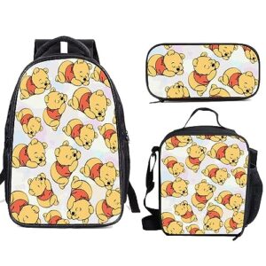 oqizkeu wi.nnie the p.ooh bear teens backpack 3pcs travel laptop schoolbag sets daypack with lunch box and pencil case for boys girls gifts