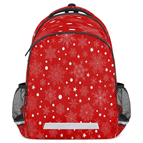 Christmas Snowflake White Dot Backpack with Reflective Strip, Red Lightweight Backpack Travel Bag Casual Daypack Laptop Bag