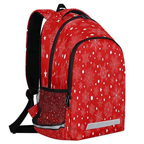 Christmas Snowflake White Dot Backpack with Reflective Strip, Red Lightweight Backpack Travel Bag Casual Daypack Laptop Bag