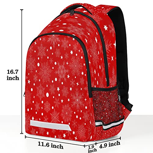 Christmas Snowflake White Dot Backpack with Reflective Strip, Red Lightweight Backpack Travel Bag Casual Daypack Laptop Bag