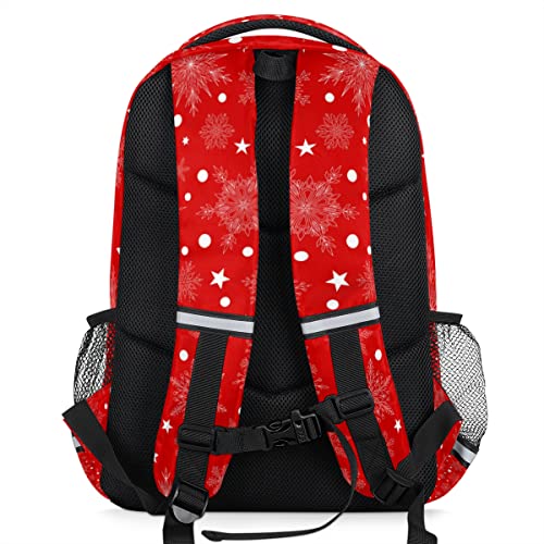 Christmas Snowflake White Dot Backpack with Reflective Strip, Red Lightweight Backpack Travel Bag Casual Daypack Laptop Bag