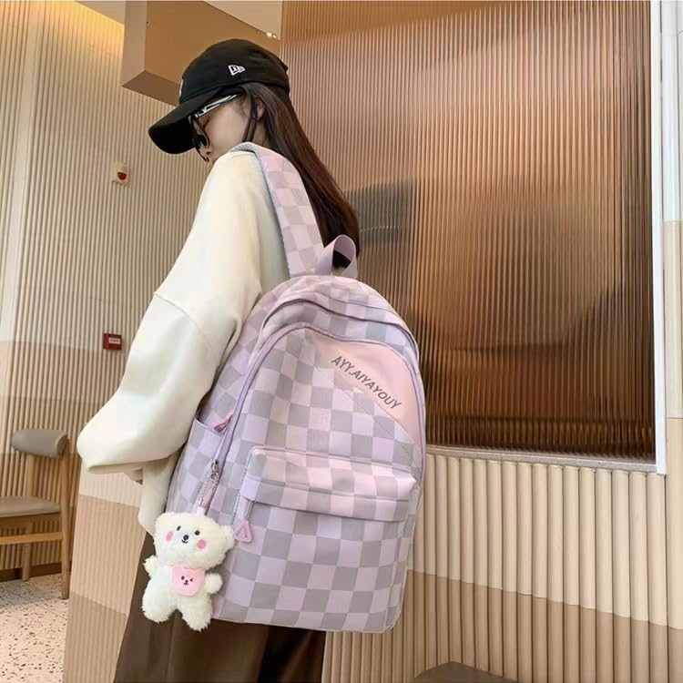 UIVXXUD Kawaii Backpack with Cute Accessories - Water-resistant Nylon, Multiple Compartments, and Pockets for All Your Essentials (Pink)