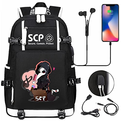 Duuloon Teens SCP Foundation Knapsack with USB Charging/Headphone Port-Student Wear Resistant Large Capacity Travel Rucksack