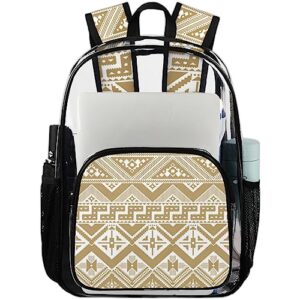 Aztec Heavy Duty Clear Backpack Stadium Approved, American Native Ethnic Geometric Western Boho PVC Transparent Large Backpack See Through for Women Men Work Travel