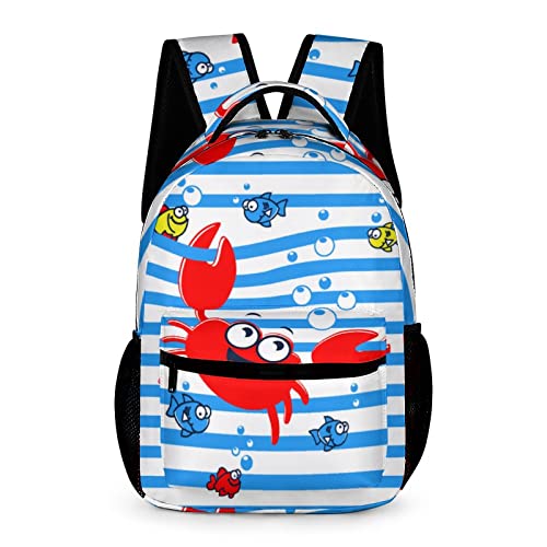 Niapessel Kids Backpack for School, Funny Crab on Blue Stripe Pattern Students Bookbags School Bags Girls Boys