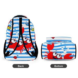 Niapessel Kids Backpack for School, Funny Crab on Blue Stripe Pattern Students Bookbags School Bags Girls Boys