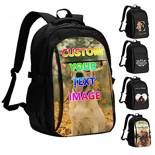 GIFTSDIY Custom Travel Laptop Backpack Personalized Name bags with Photo Customized Computer USB Bags for Women Men Black