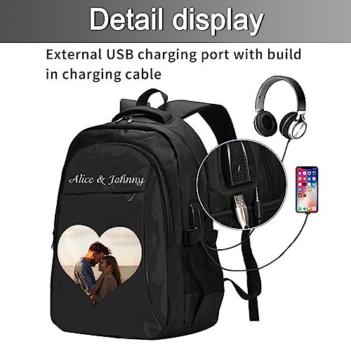 GIFTSDIY Custom Travel Laptop Backpack Personalized Name bags with Photo Customized Computer USB Bags for Women Men Black