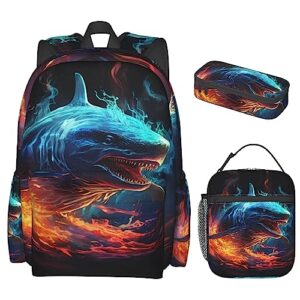 dreambest shark flame 3 piece large capacity backpack set with lunch bag & pencil case, perfect for travel