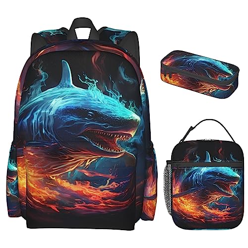 dreambest Shark Flame 3 Piece Large Capacity Backpack Set With Lunch Bag & Pencil Case, Perfect For Travel