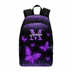 m yescustom personalized school backpack for girls boys teen, custom backpacks with name customized purple butterfly school bookbag for kids, casual kid book bags for back to school travel picnic
