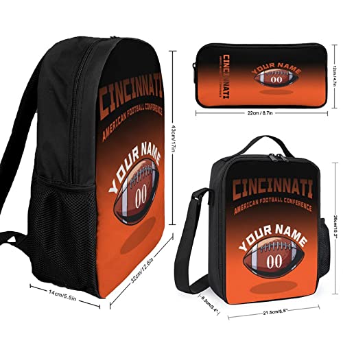 Quzeoxb Personalized Cincinnati Backpack Set with Name and Number - 3 Piece School Bag, Lunch Box and Pencil Case for Boys Girls Gifts