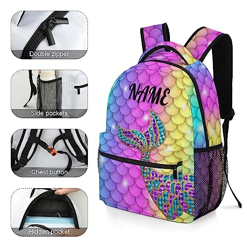 Fovanxixi Custom Rainbow Mermaid Scales Backpack for Kids Boys Girls Personalized Name Text Children Backpack School Bag Customized Daypack Schoolbag for Student Bookbag