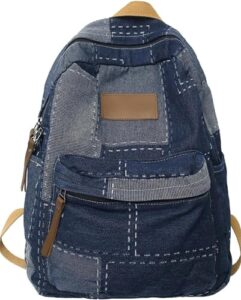 rrrwei vintage denim backpack classic retro travel daypack bookbags jeans backpack college backpack for women men (blue)