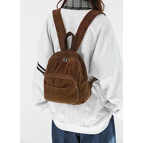INFENU Cute Corduroy canvas backpack Japanese style bag Kawaii retro simple Solid color mini backpack (Brown)