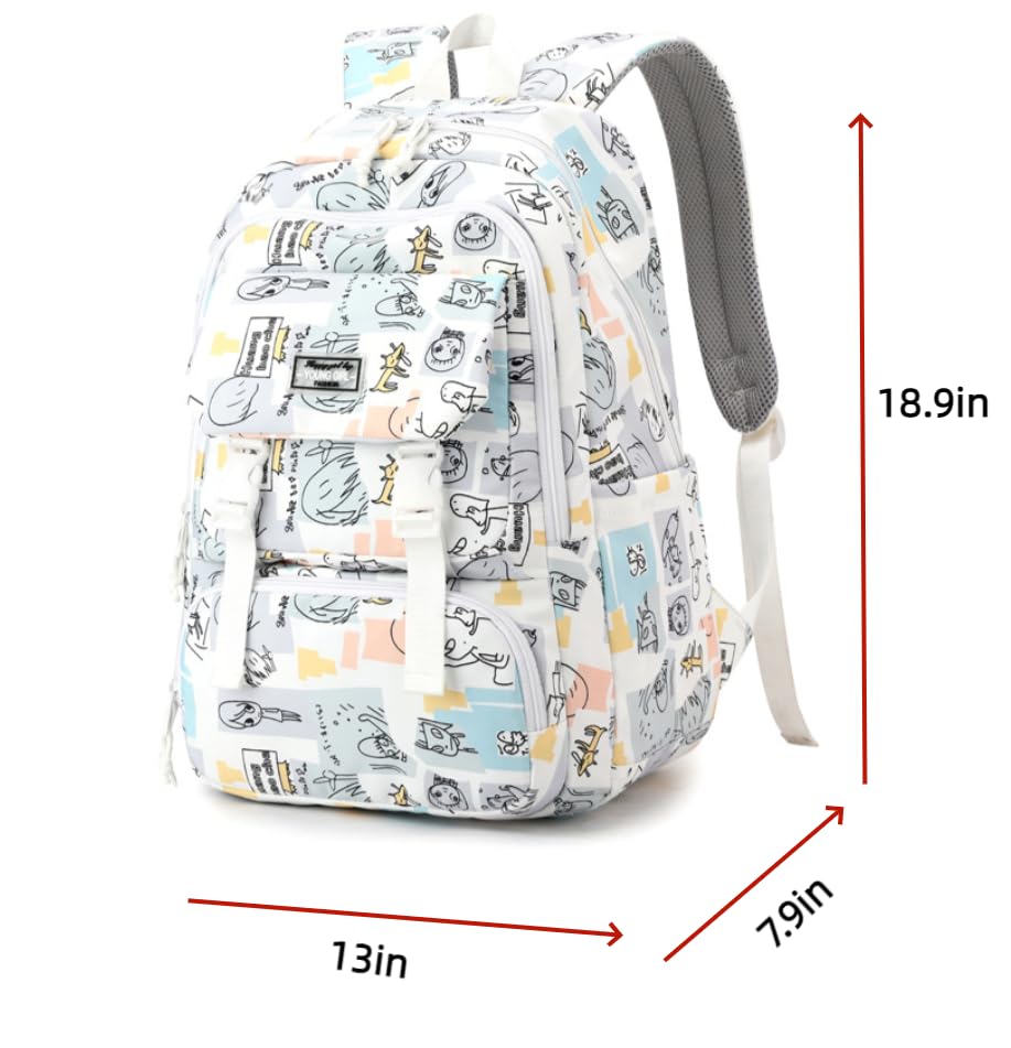 FITSEN Kawaii Backpack Graffiti and Letter Style Bookbag Aesthetic Outdoor Daypack (Grey)