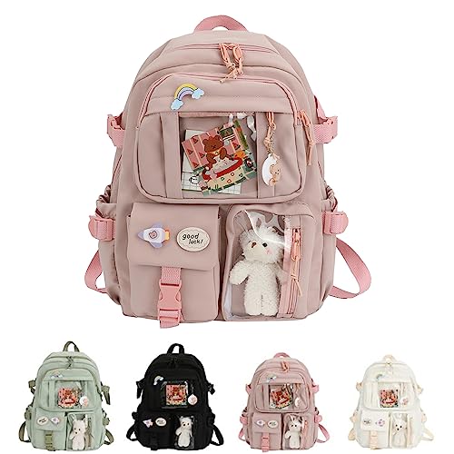 LELEBEAR Kawaii Backpack with Kawaii Pin And Accessories, Cute Preppy Aesthetic Sage Green Backpack for Girls (Pink)