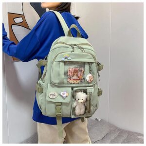 LELEBEAR Kawaii Backpack with Kawaii Pin And Accessories, Cute Preppy Aesthetic Sage Green Backpack for Girls (Pink)