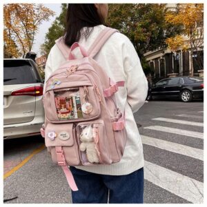 LELEBEAR Kawaii Backpack with Kawaii Pin And Accessories, Cute Preppy Aesthetic Sage Green Backpack for Girls (Pink)