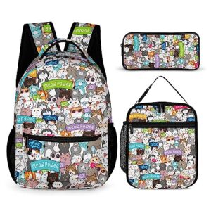 DTCCET 3PCS Cute Cat Backpack Set, Classic Daypack Stylish Kitty Laptop Bag with Lunch Bags, Lightweight Colorful Cat Shoulders Backpack(Cute Cat)