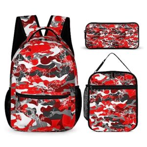 dtccet 3pcs classic red camo backpack set, lightweight camo daypack 3d printed laptop bag with lunch bags, stylish shoulders backpack with multiple pockets(red camo)