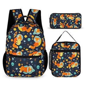 dtccet 3pcs space fox backpack set, cute daypack cartoon galaxy fox shoulders backpack with multiple pockets, classic laptop bag with lunch tote bags(space & fox)