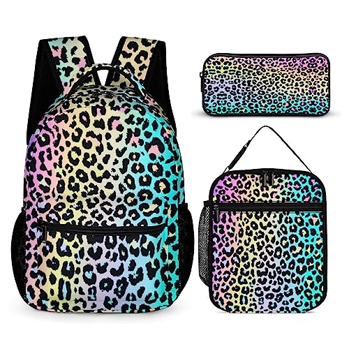 DTCCET 3PCS Multi-Colored Leopard Backpack Set, Stylish Laptop Bag Classic Leopard Daypack with Lunch Bags, Lightweight Shoulders Backpack with Multiple Pockets(Colorful Leopard)