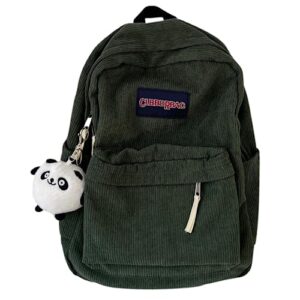 JHTPSLR Preppy Backpack Cute Vintage Corduroy Backpack Light Academia Aesthetic Backpack with Plushies Laptop Backpacks (Dark Green)