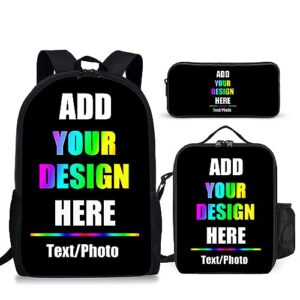 husguciy custom backpack set, personalized bookbag with insulated lunch tote and pencil pouch 3pcs, customized 3 piece set backpack with your name text photo for boys girls adult