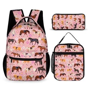 dtccet 3pcs cartoon horse backpack set, horse laptop bag cute shoulders backpack with lunch bags, horse lovers daypack(horse)