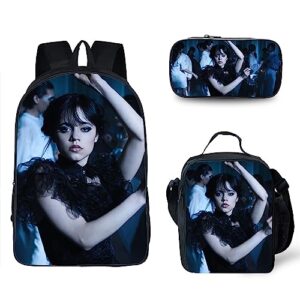 wednesday addams backpack three-piece set with pencil bag lunch bag and backpack for boys and girls goth-3