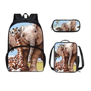 Salabomia Elephant Giraffe Kids School Bookbag 3 in 1 Set School Bag with Insulated Lunch Bag Pencil Case, Lightweight Kids Backpack Boys Girls for Elementary School, Blue and Brown