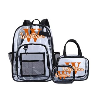 arisaniasion custom 3pcs clear backpack, custom name see through bookbags transparent backpack, lunch box bag and penecil case set(#2black-3pcs)