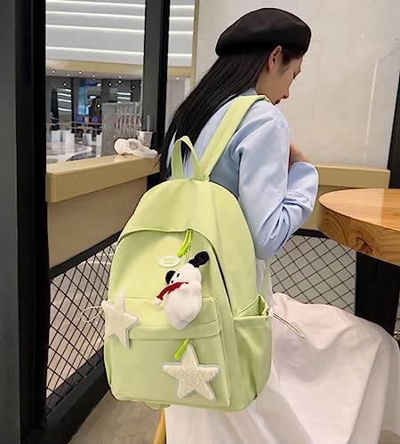 JHTPSLR Preppy Backpack Patches Stars Y2K Aesthetic Backpack with Plushies Cute Kawaii Backpack Supplies Book Bags Casual Daypack (Green)